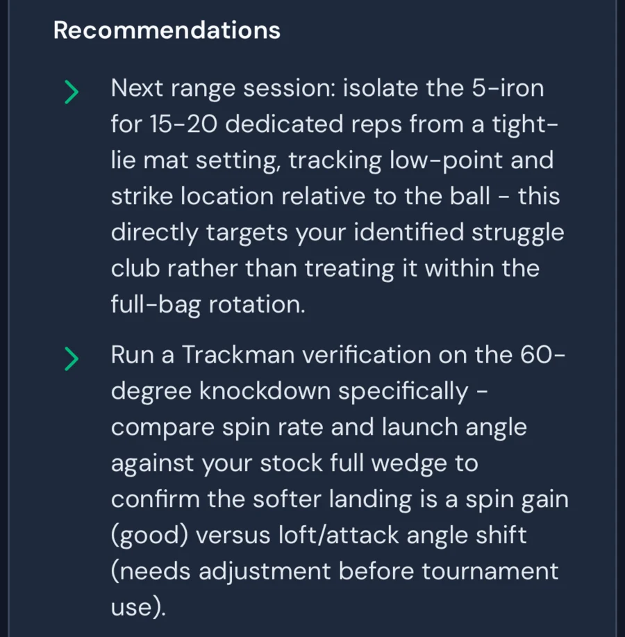 GolfSalt recommendation generated from a synthetic launch monitor session