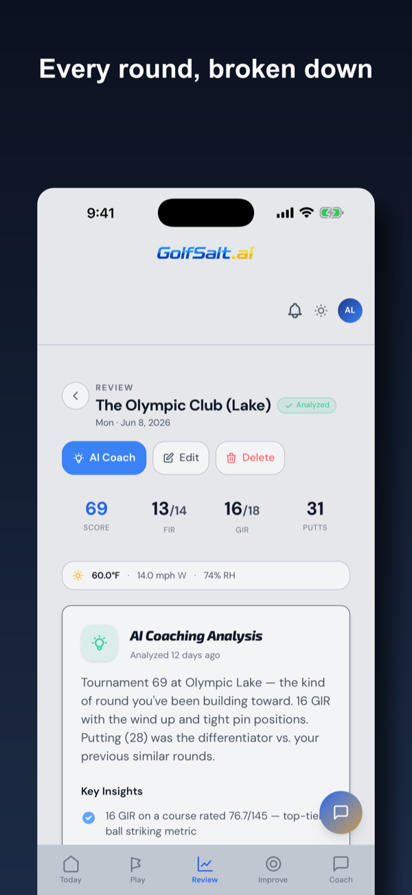 GolfSalt mobile app — every round broken down
