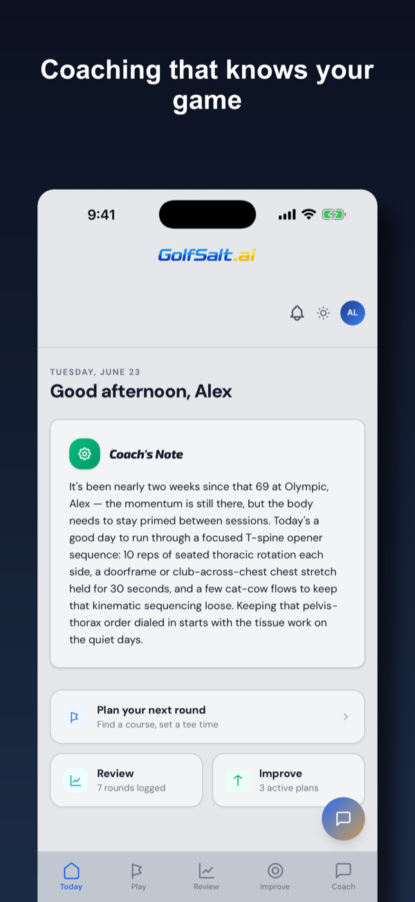 GolfSalt mobile app — daily coaching dashboard