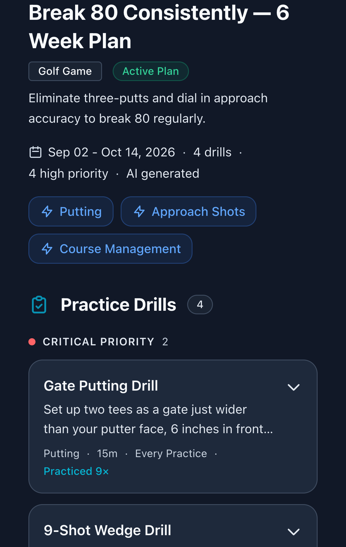 GolfSalt practice plan for a synthetic golfer, focused on putting and approach shots