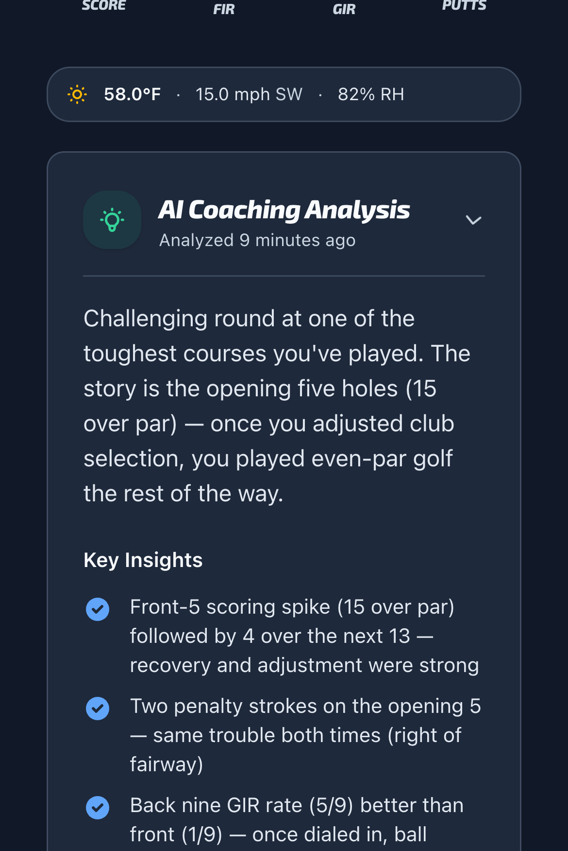 GolfSalt analysis of a synthetic golfer's round at Spyglass Hill