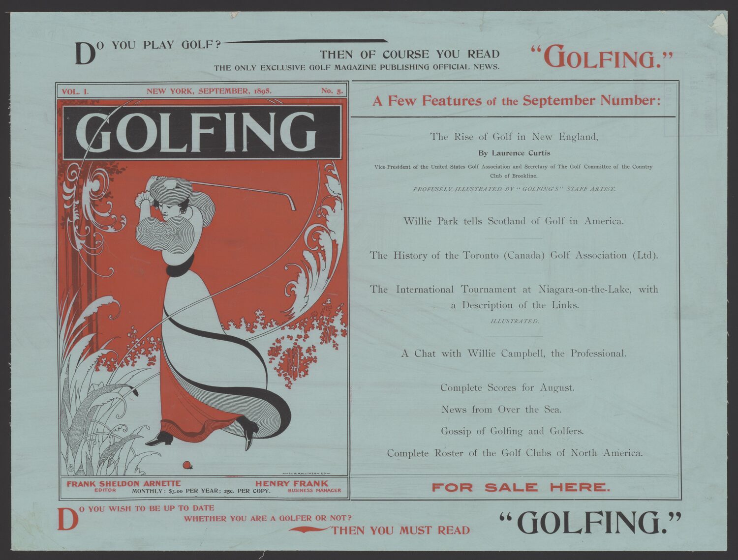 An ornate 1895 color poster advertising Golfing magazine, depicting a fashionable golfer of the era.