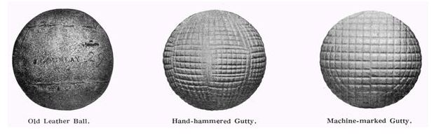 A historical photographic plate showing three golf balls side by side, labeled Old Leather Ball, Hand-hammered Gutty, and Machine-marked Gutty, illustrating the evolution of surface texture.