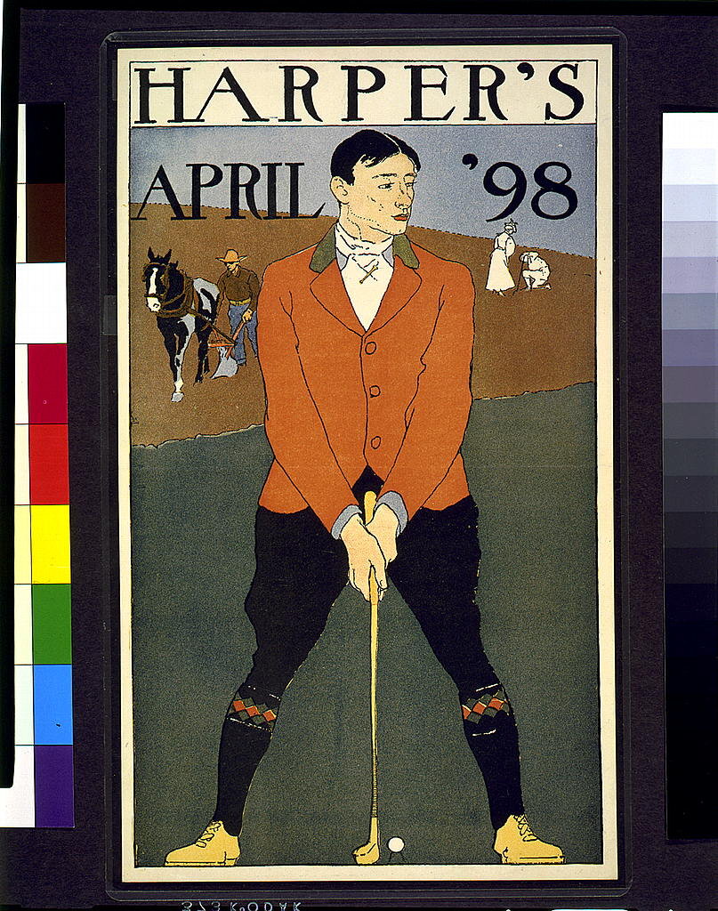 An 1898 Art Nouveau Harper's Magazine advertising poster by Edward Penfield depicting fashionable golfers of the era.