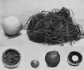 A 1901 illustration showing the anatomy of a Haskell rubber-wound golf ball: the wound core, a tangle of rubber thread, and cross-sections of the ball.
