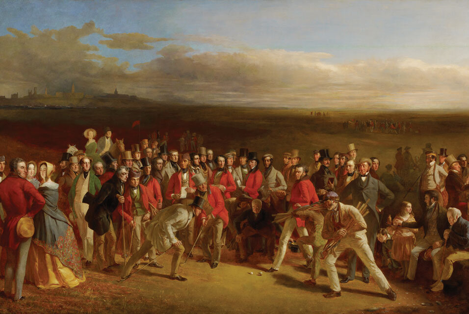 The Golfers, an 1847 oil painting by Charles Lees depicting a crowd watching a golf match on the St Andrews Links, with red-coated players, top hats, and feather balls on the turf.
