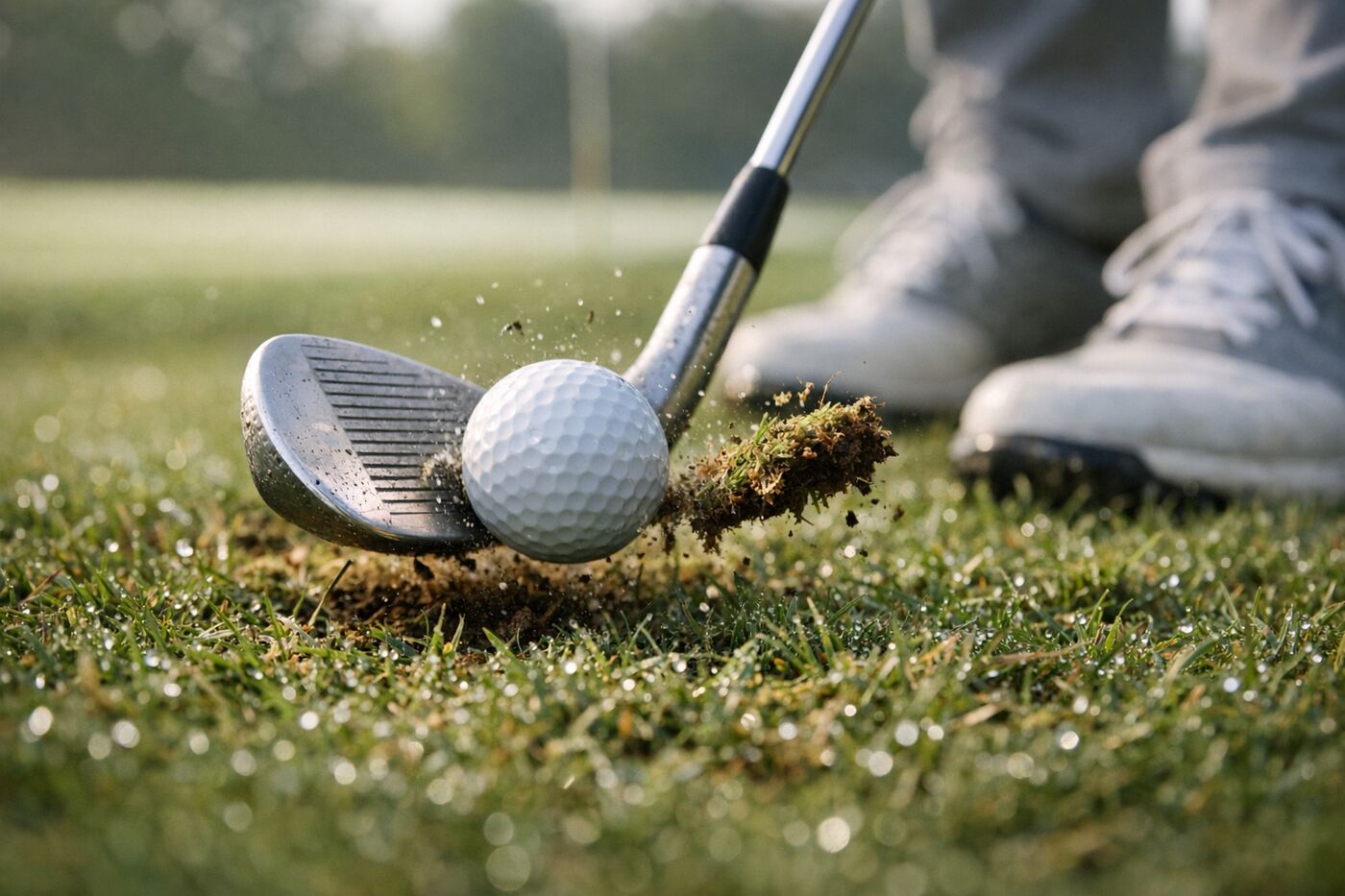 A ground-level close-up of a wedge striking a golf ball off dewy real grass, with a small piece of turf lifting at impact.