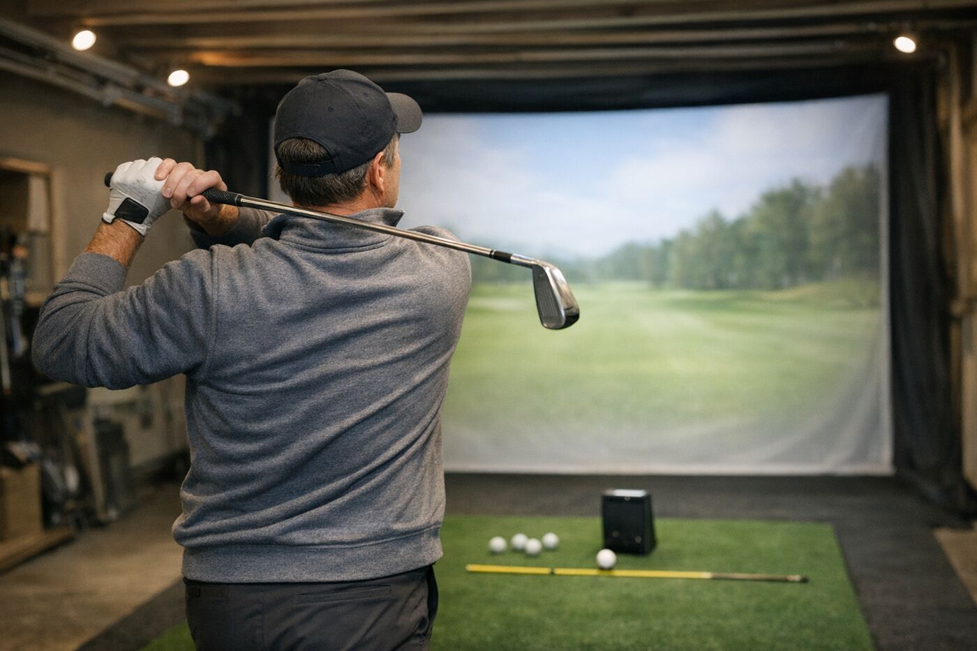 A golfer holds his finish after an iron shot in a garage golf simulator, with a launch monitor, practice balls and an alignment stick on the hitting mat.