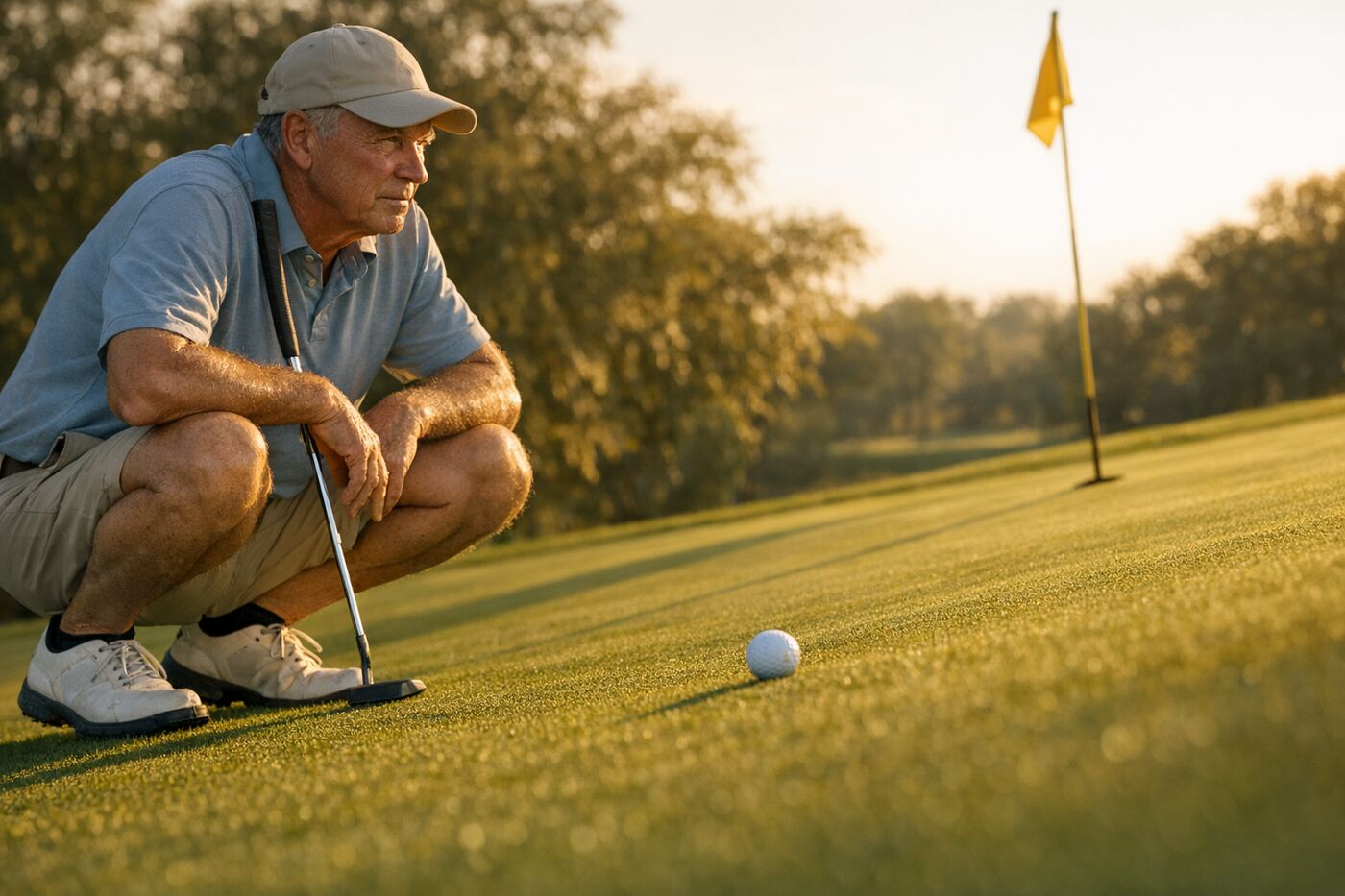 An older golfer crouches behind his ball on a real putting green at golden hour, reading the slope toward a flagstick.
