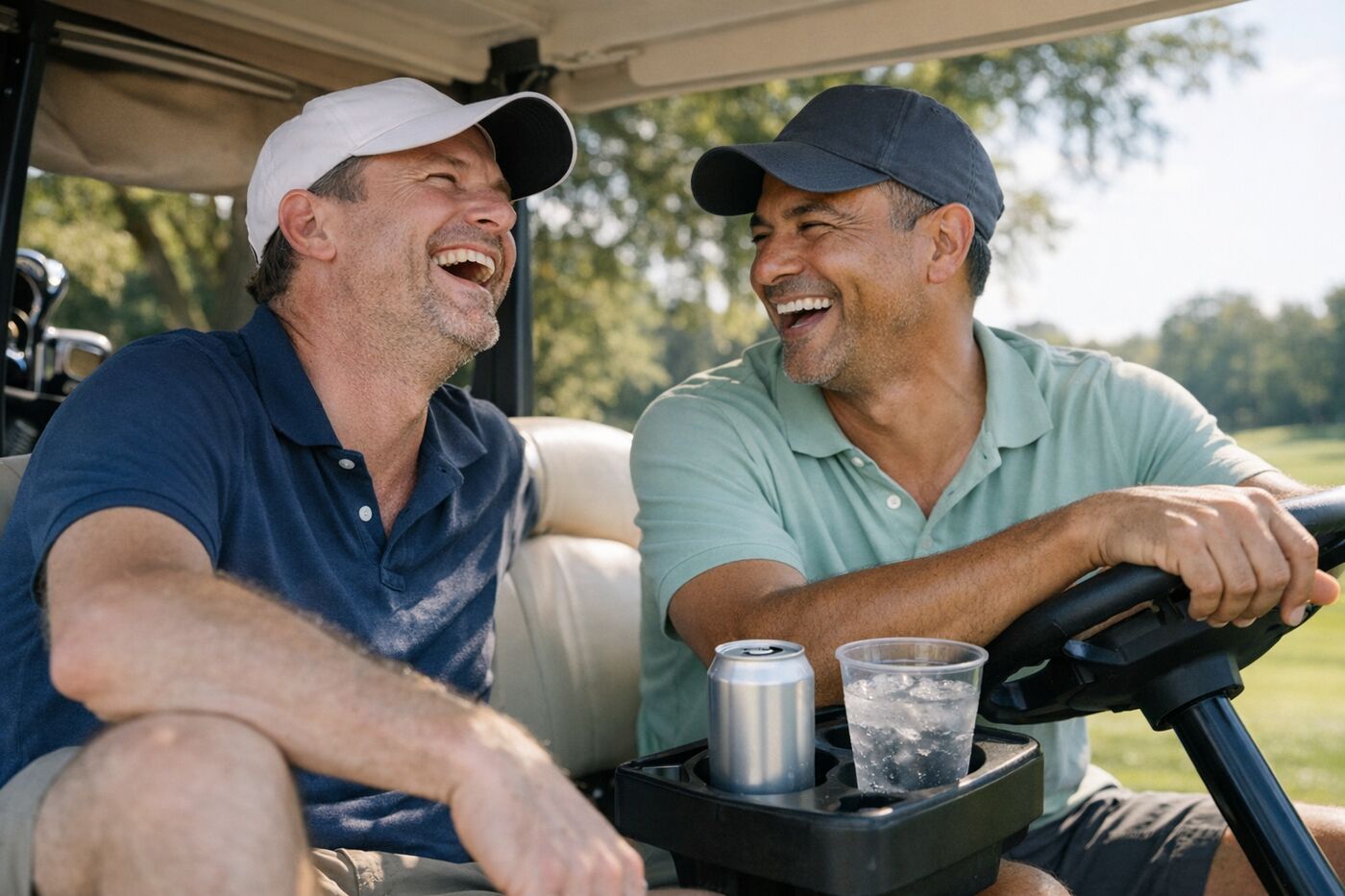 Two golfers in their forties laughing together in a golf cart on a sunny afternoon, with a can and a cup of ice in the cart's cup holder.