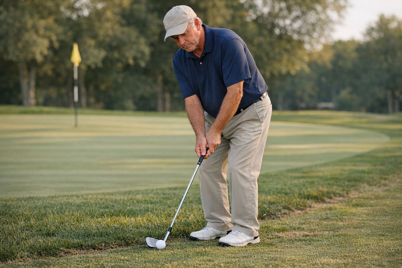 An older golfer stands at address for a short chip from the fringe, the wedge behind the ball and his hands slightly ahead, with a flag on the green behind him.