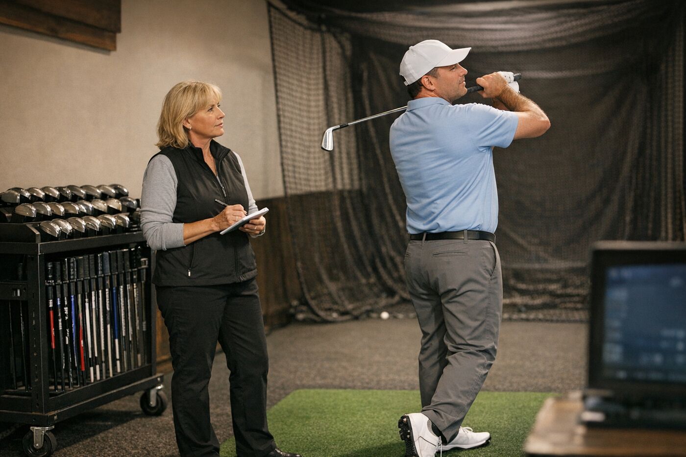 A club fitter with a notebook watches a golfer hold his finish after a swing in an indoor fitting studio, with a cart of fitting clubs beside them.