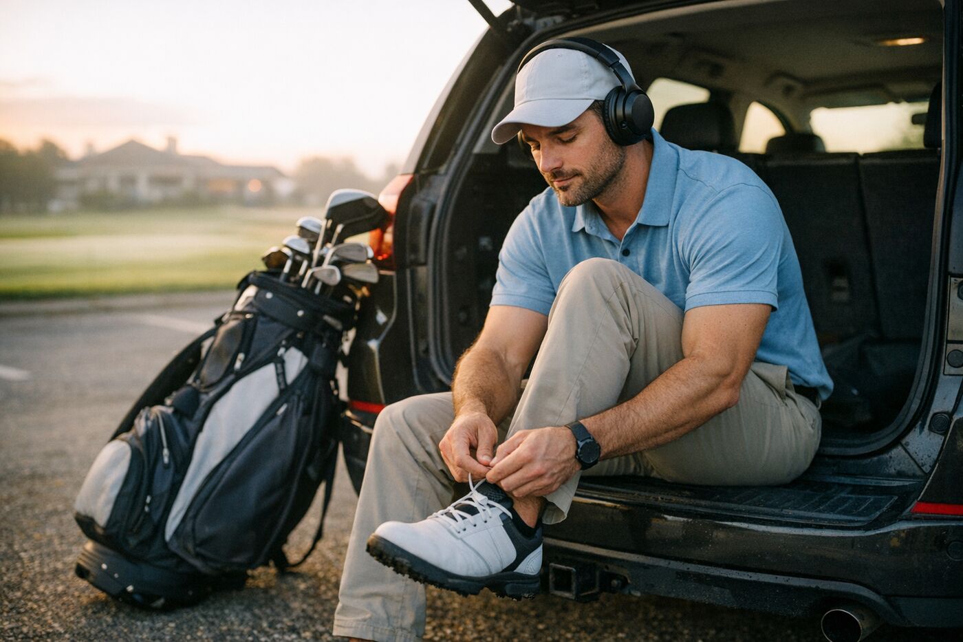 A golfer wearing over-ear headphones ties his golf shoes while sitting on the open tailgate of his car in a golf course parking lot at sunrise, his bag leaning against the car.