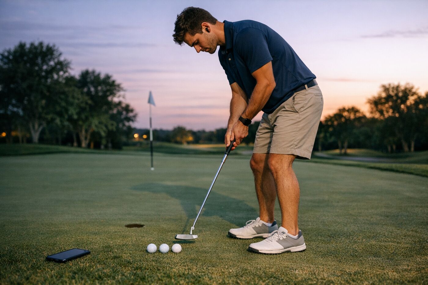 A young golfer wearing wireless earbuds practices putting alone at dusk, with three balls lined up and his phone lying on the green.